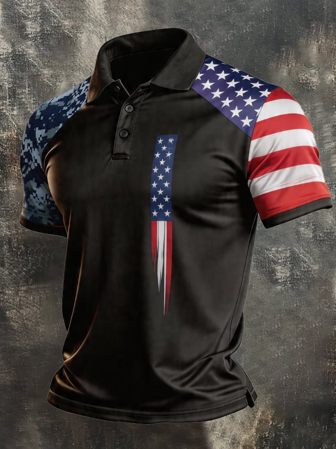 Men's Retro Patriotic Color-Block Short-Sleeve Polo Shirt