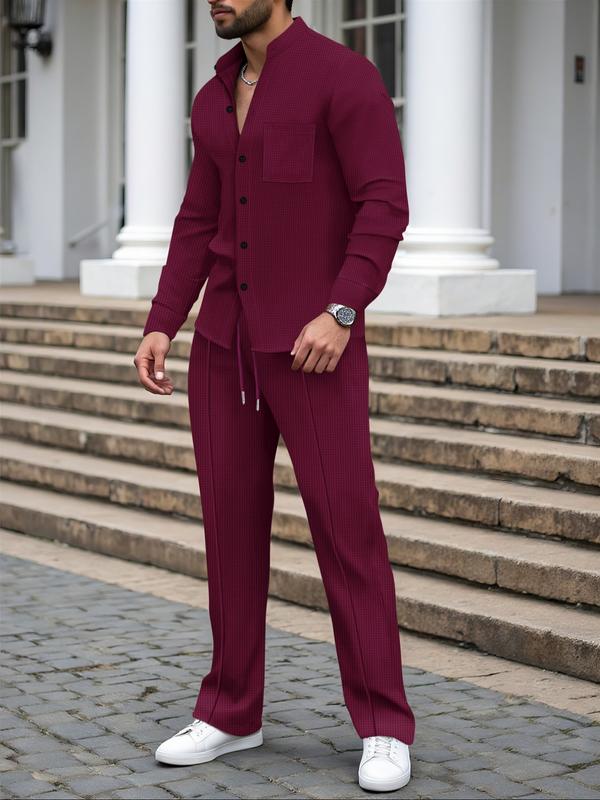 Men’s Waffle Knit Stand Collar Jacket & Drawstring Pants Set