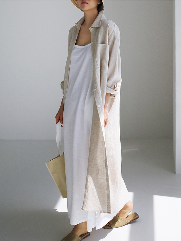 Simple Long Sleeves Split-Side Solid Color Lapel Midi Dresses Shirt Dress