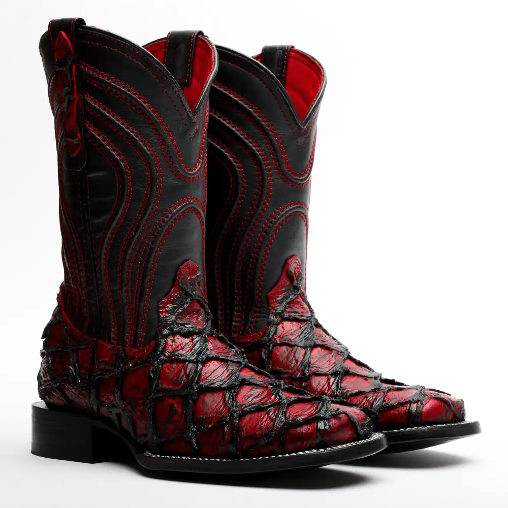 Black Cherry Jumbo Pirarucu Leather Boots - Square Toe