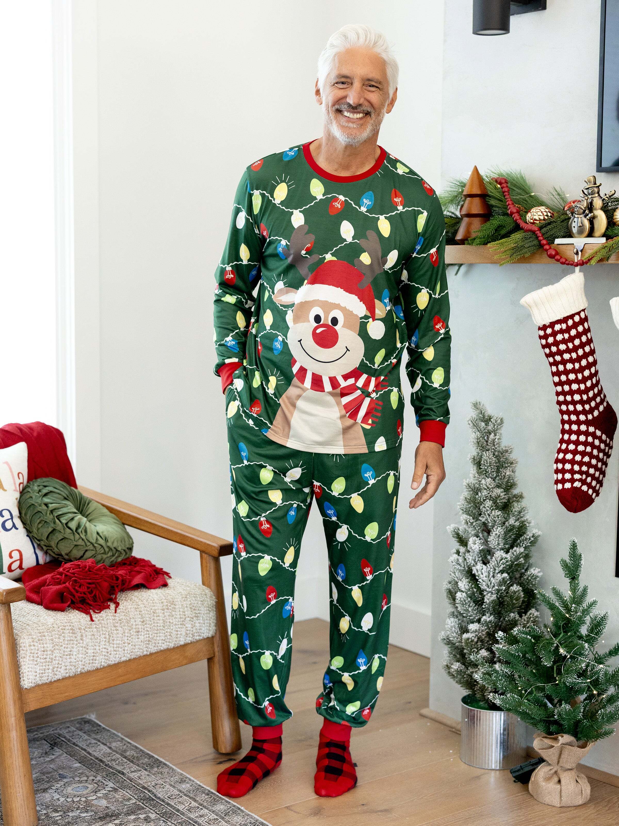 Christmas Matching Family Pajamas Set Reindeer Green Print PJS with Christmas Socks Green