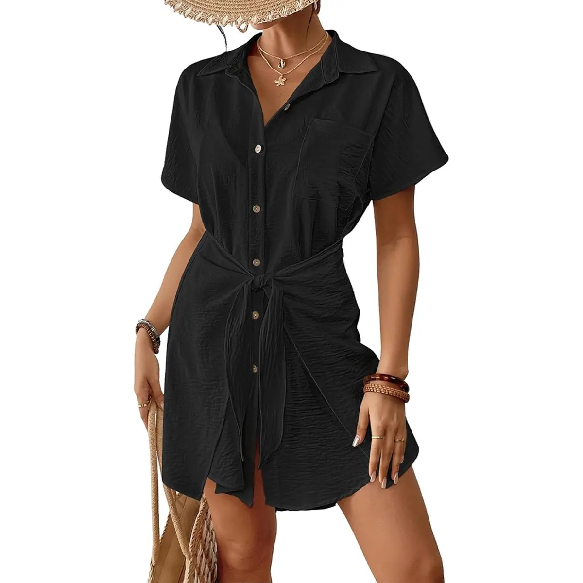 Women's Short-Sleeve Button-Front Tie-Waist Beach Shirt Dress