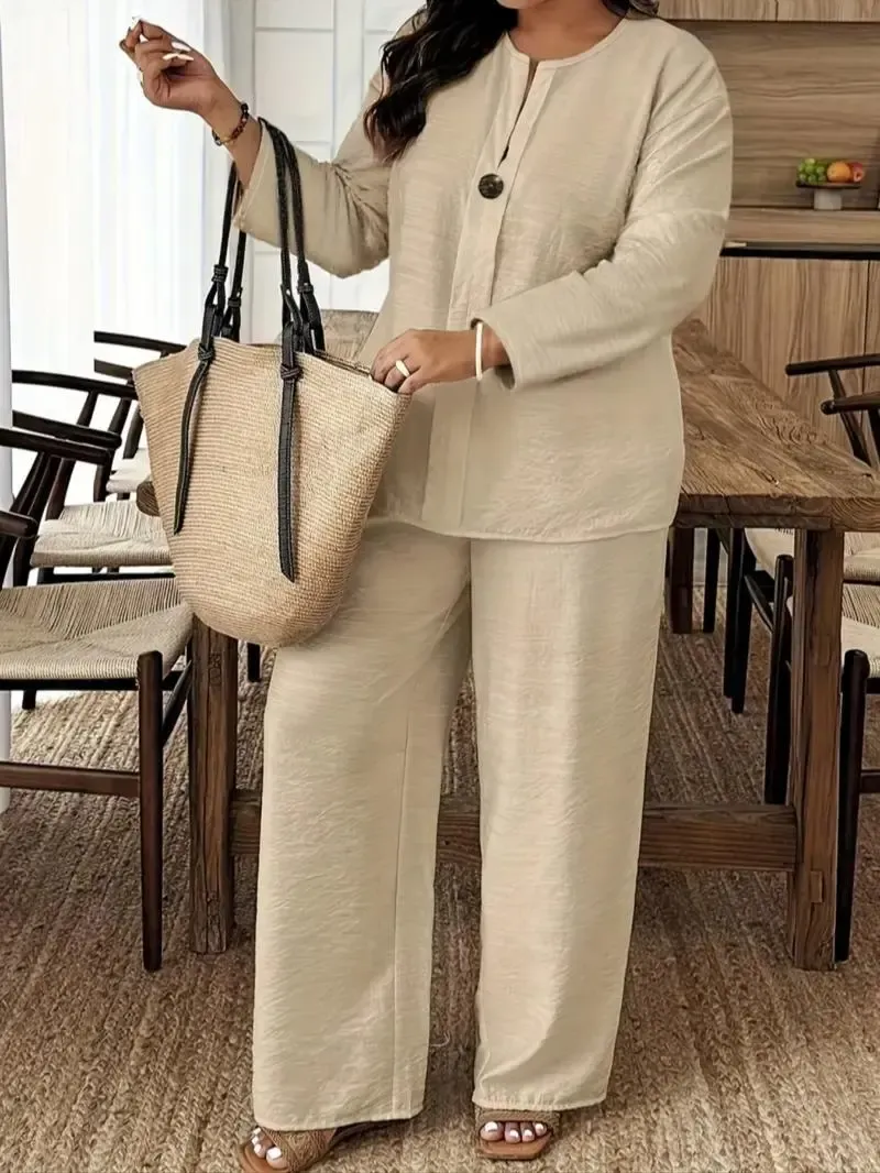 🔥Women's Casual Breathable Long Sleeve Shirt and Loose Pants Two-Piece Set