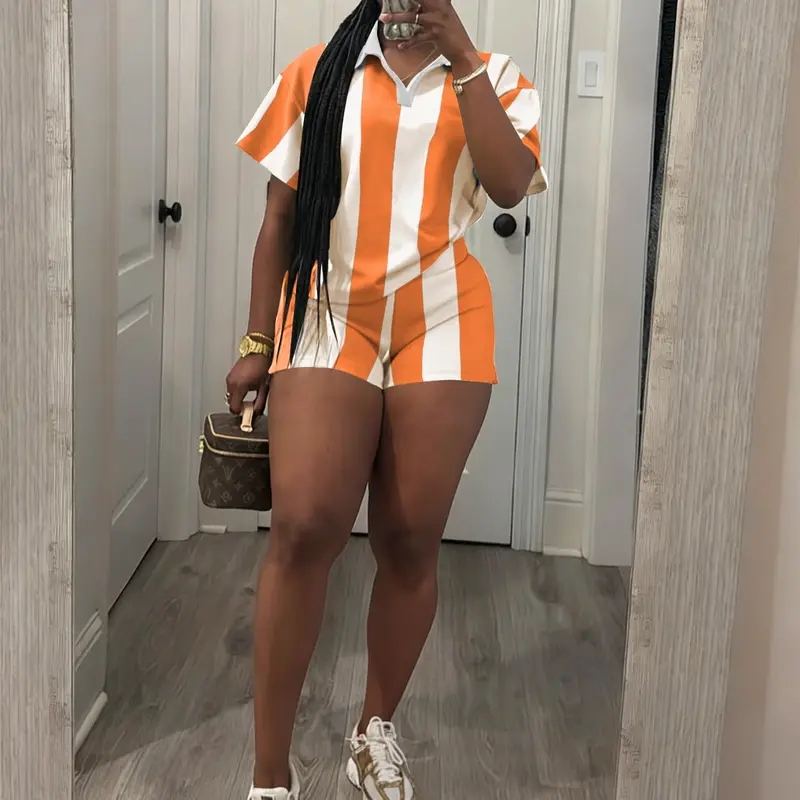 Women's 2026 Spring Two Piece Set Striped Short Sleeve Top & Drawstring Shorts Casual Outfit for Comfort