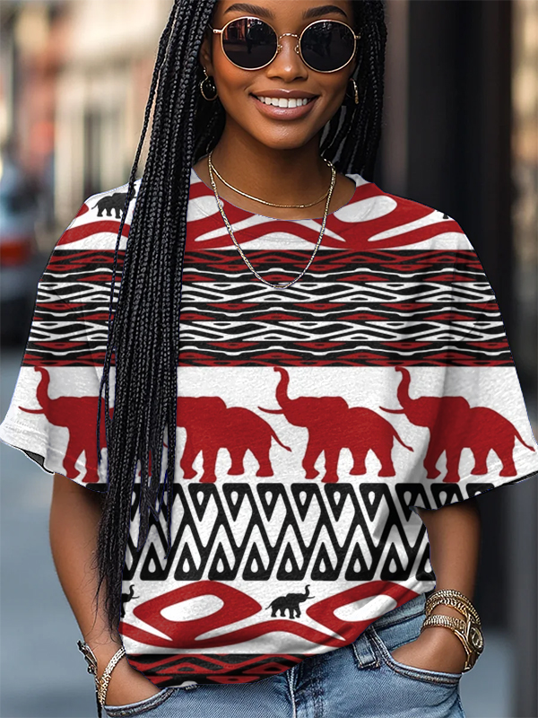 Women's Red Elephant Pattern Print Casual T-Shirt