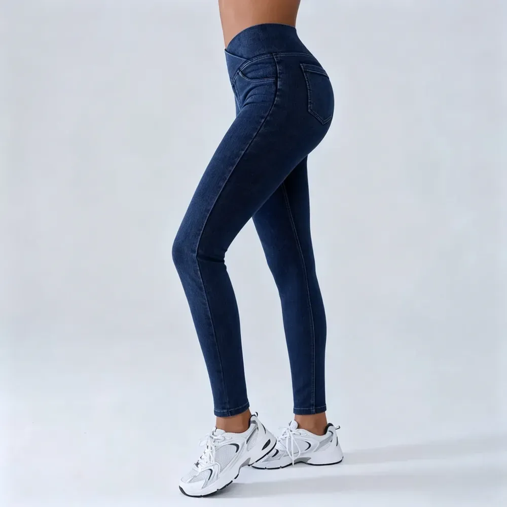 Women's High-Waisted Stretch Jeans with Crossover Design — Slim-Fit Flared Denim Leggings