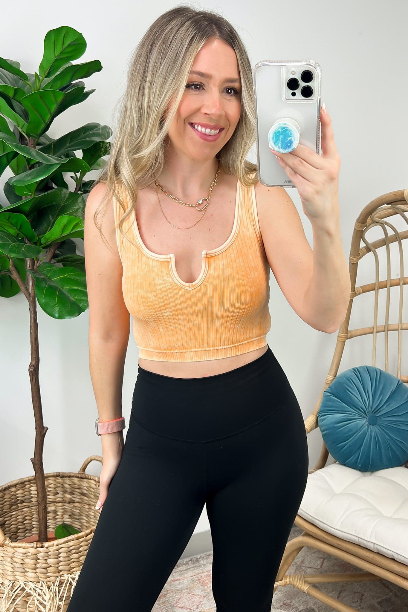 Mineral Wash Ribbed Split Neck Crop Tank