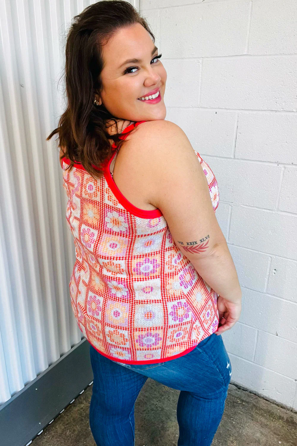 Retro In Bloom Coral Flower Power Waffle Knit Sleeveless Top