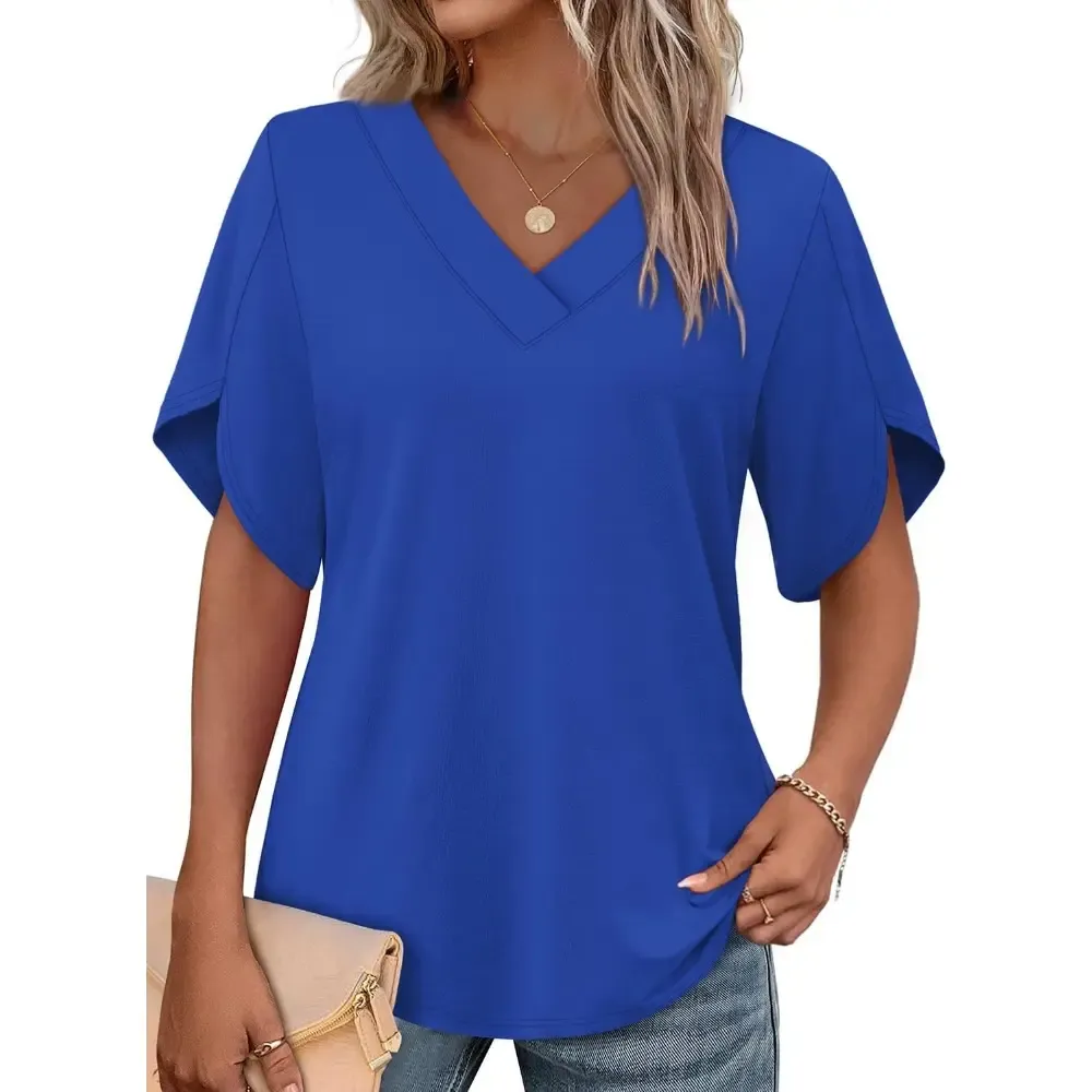 Womens Short Sleeve V Neck Dolman Tops with Side Shirring Loose Fit Shirts