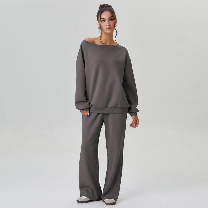 🔥8-PACKS 🔥Women's Leisure Solid Color Sloping Shoulder Long Sleeve Top & Wide Leg Trousers