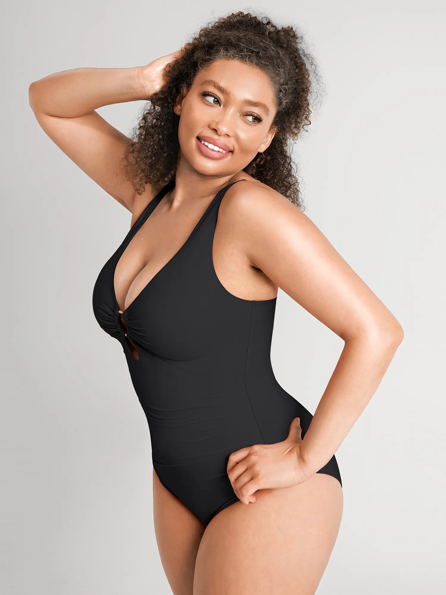Feelingirl Deep V Metal Ring Ruched Sculpting Swimsuit