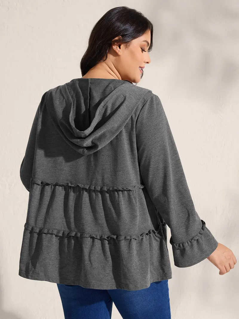 Women's Solid Dim Gray Polyester Quilted Puffer Coat - Fitted, Tiered Ruffled Edges, Zipper Closure, Pockets, Long Sleeves, Casual Clothes, Casualwear Outerwear