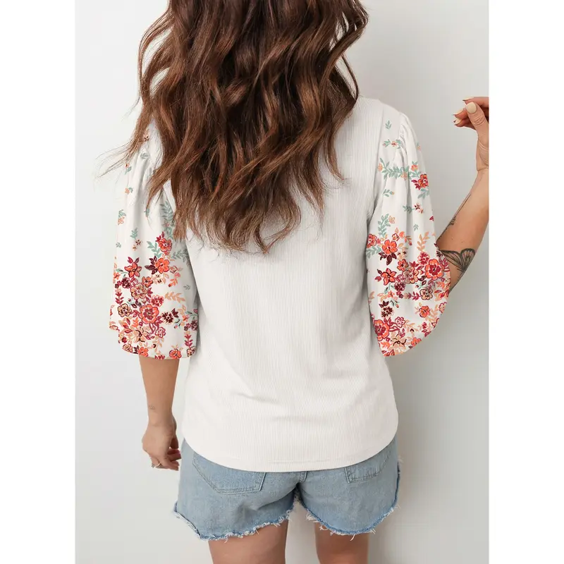 Women's Bohemian-Style T-Shirt Top — Crew Neck, 3/4 Sleeves