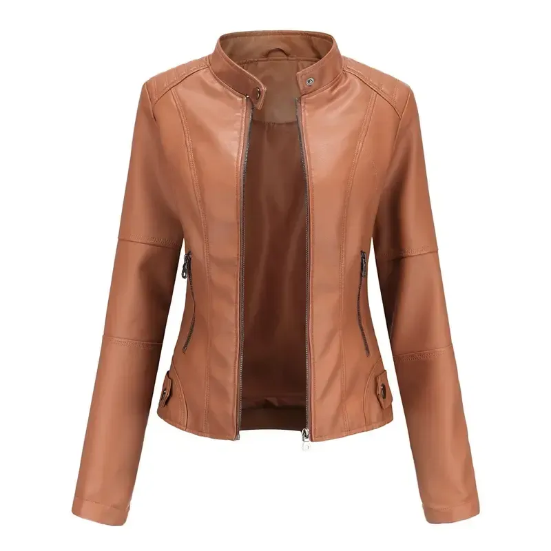 Women's Slim Fit Faux Leather Jacket Stand Collar Motorcycle Style Spring Autumn