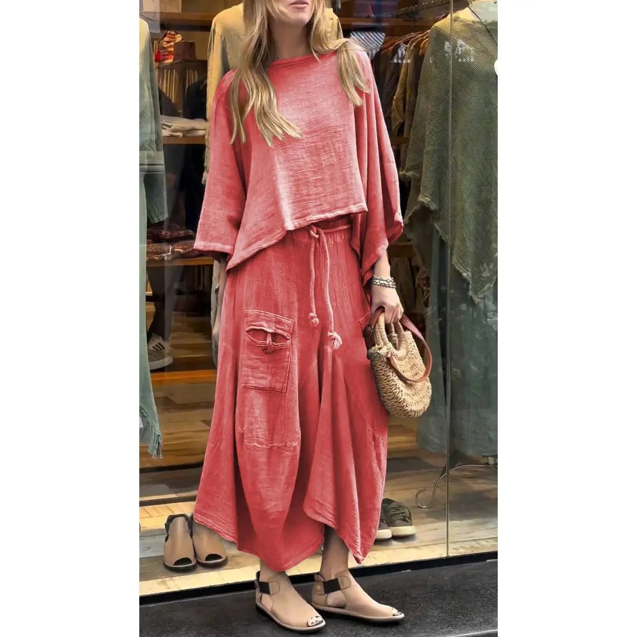 Women’s 2-Piece Loose Vintage-Style Batwing Sleeve Skirt Set