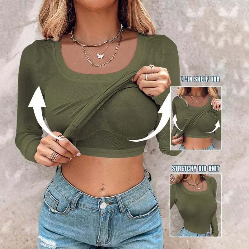 🍂🔥Womens U-Neck Built-in Bra Long Sleeve Ribbed Top Shirts Elegant Skinny Fit Fabric