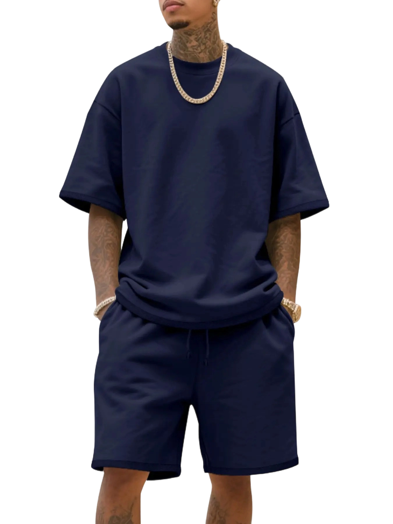 Men's Summer Casual Set, Pure Color Round Neck Short Sleeve Knit Tee & Shorts, Classic Loose Fit Sportswear