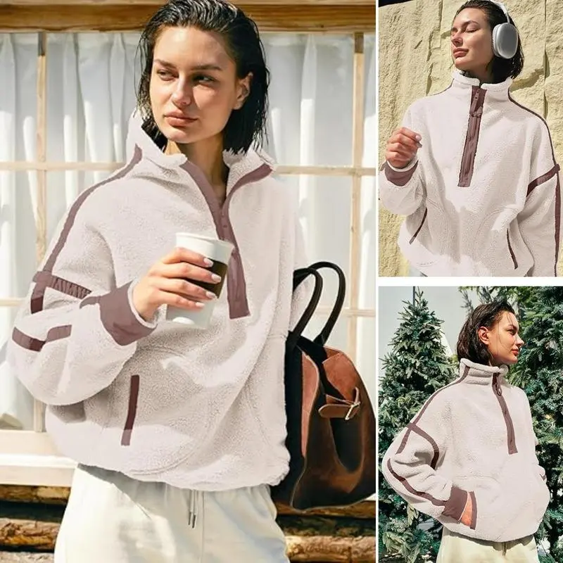 Women's Half Zip Sherpa Fleece Color Block Pullover Soft Oversized Sweatshirt