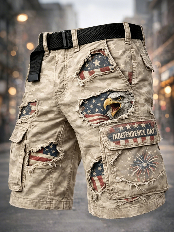Men's Independence Day Eagles And Camo Vintage Ripped Art Print Casual Shorts