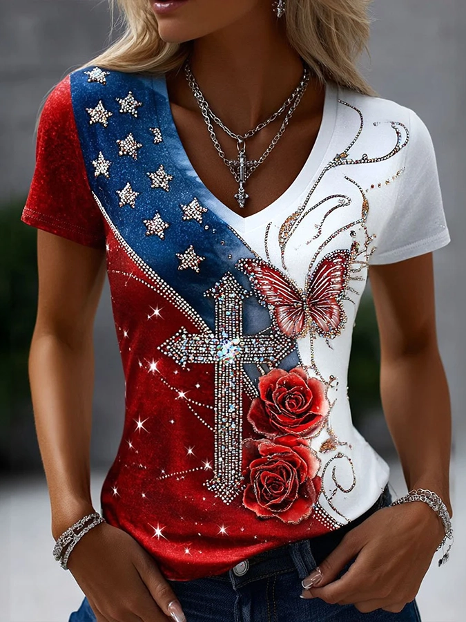 250Th Anniversary Of The Founding Of The United States Women'S Casual Brick Printed V-Neck T-Shirt