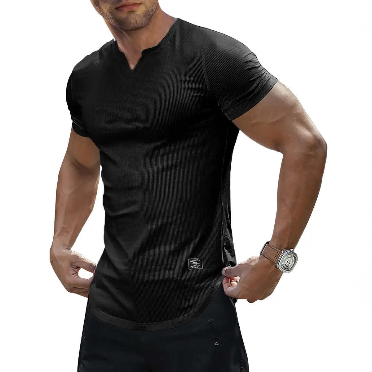 Men's Solid-Color Slim-Fit Long V-Neck T-Shirt