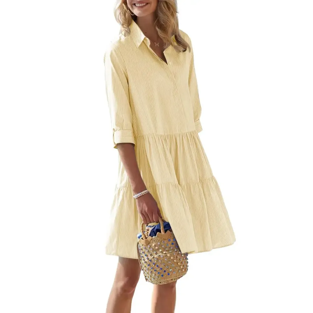 Women's Summer Striped Shirt Dress Half-Button Mini Cake Dress Loose Casual Rolled-Sleeve