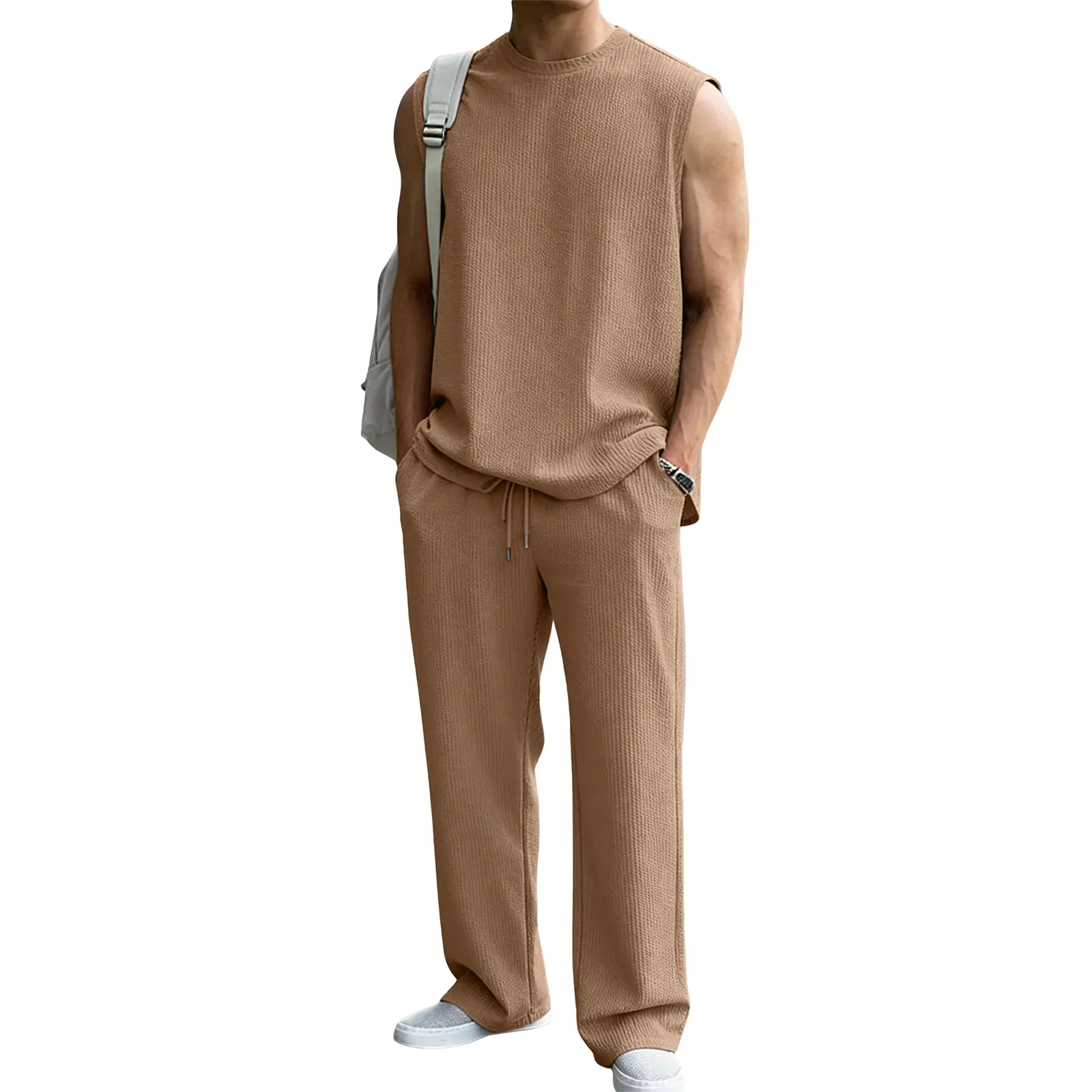 Mens 2 Piece Rib Knit Sweatsuit Summer Sleeveless Tank Top Baggy Wide Leg Pants Set Vacation Beach Outfit for Men