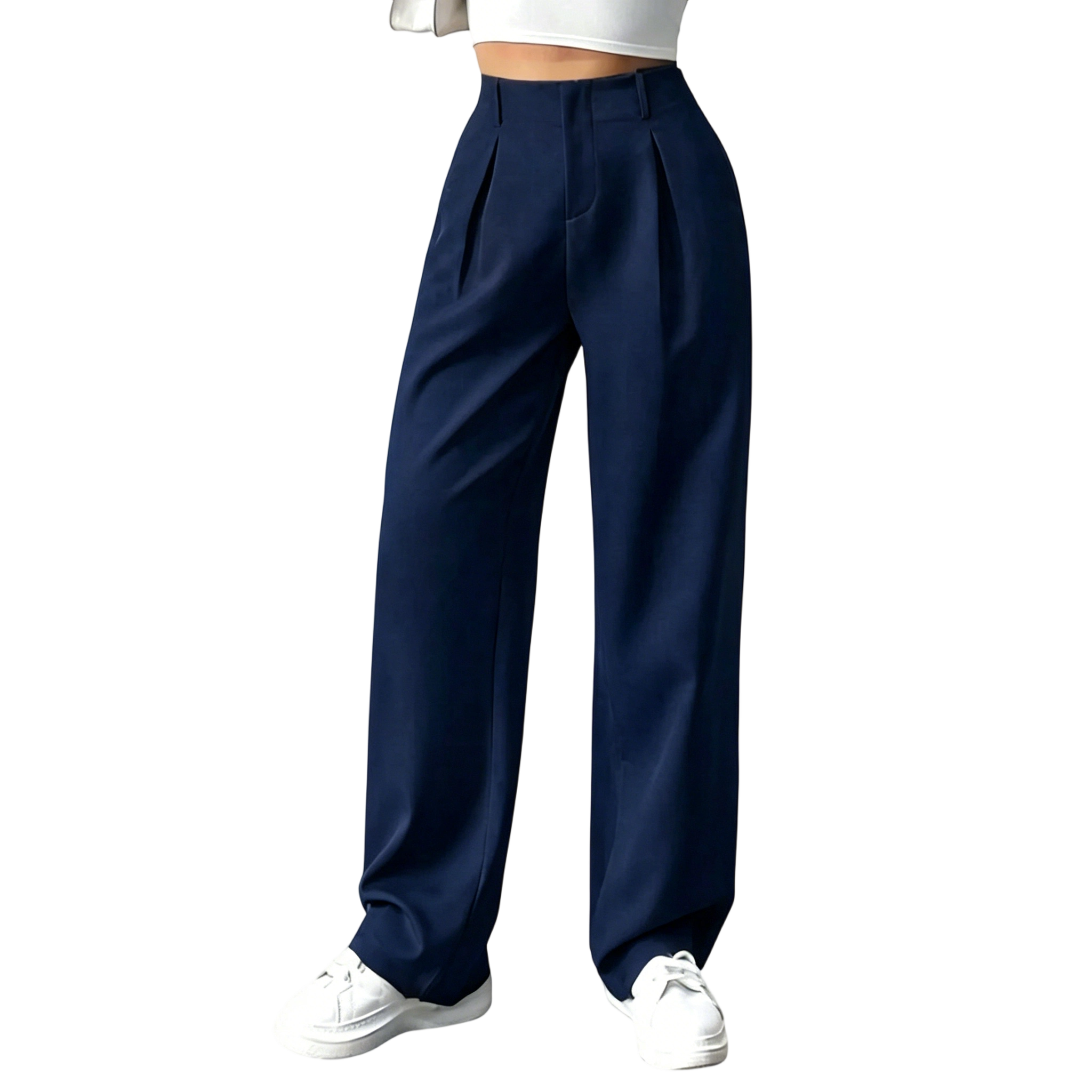 Women's Solid-Color Pleated Wide-Leg Pants with Pockets