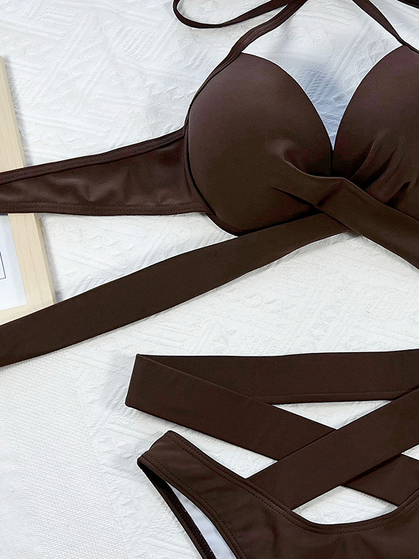 5 Colors Solid Color Bandage Halterneck Bikini Swimsuit