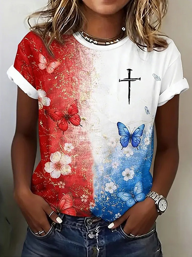 Women's American 250th Anniversary Cross Butterfly Print T Shirt