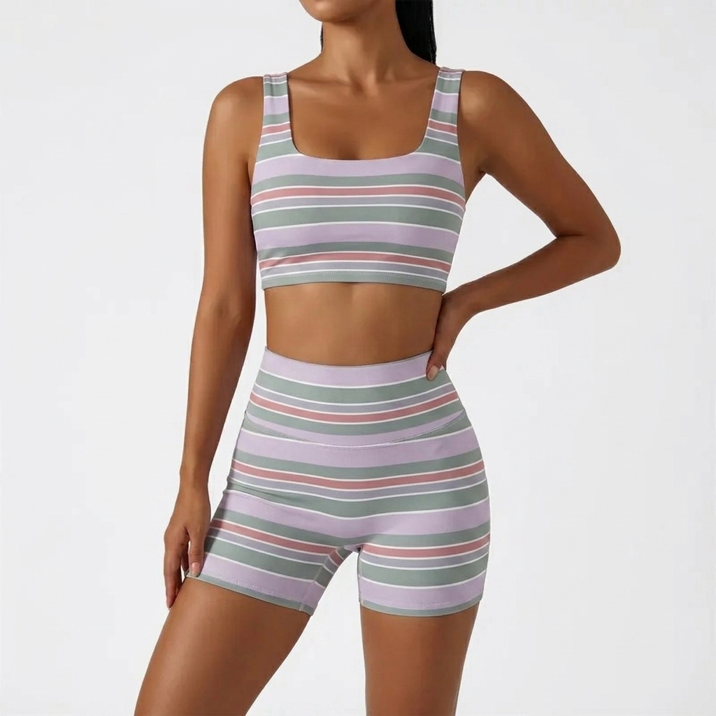 Women’s Rainbow Stripe 2 Piece Workout Set Sleeveless Crop Tank Top High Waist Biker Shorts Matching Lounge Outfit