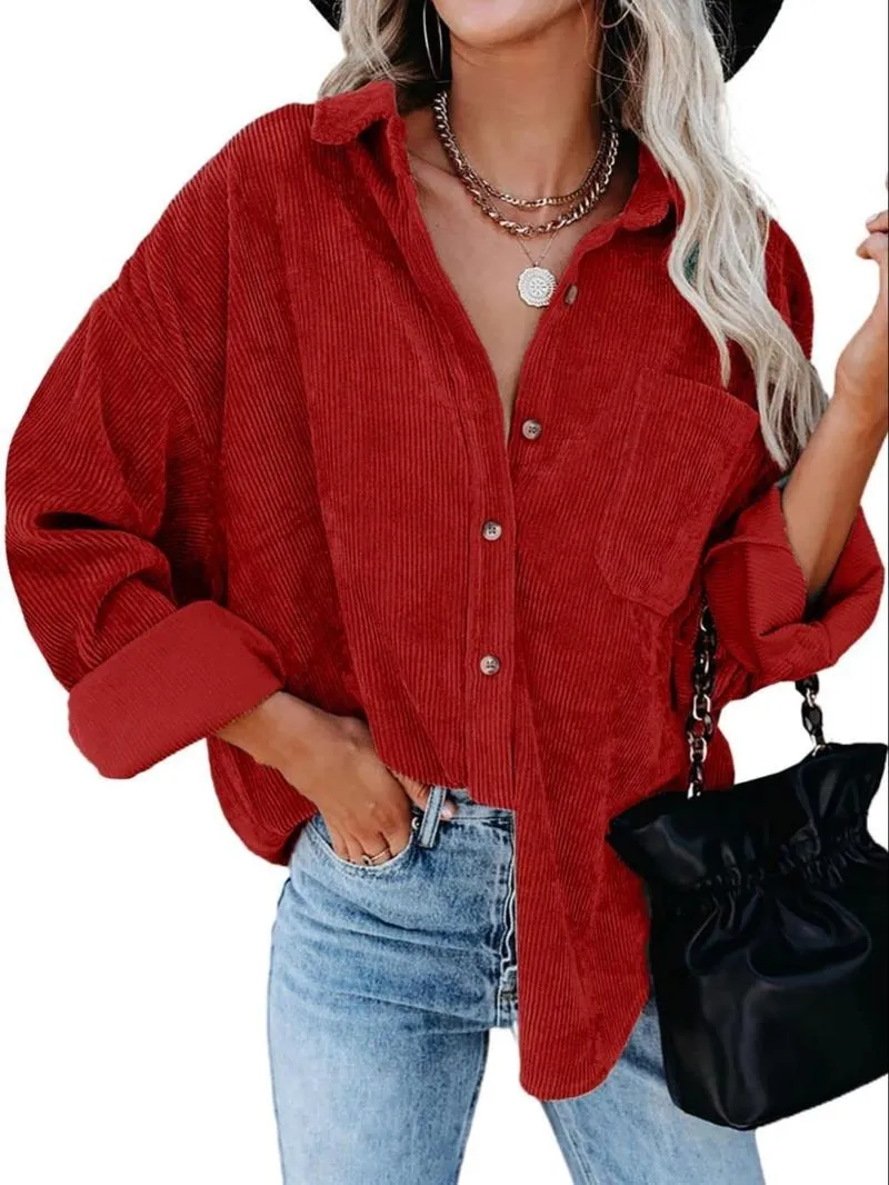 Women's Plain Pocket Button Front Corduroy Shirt