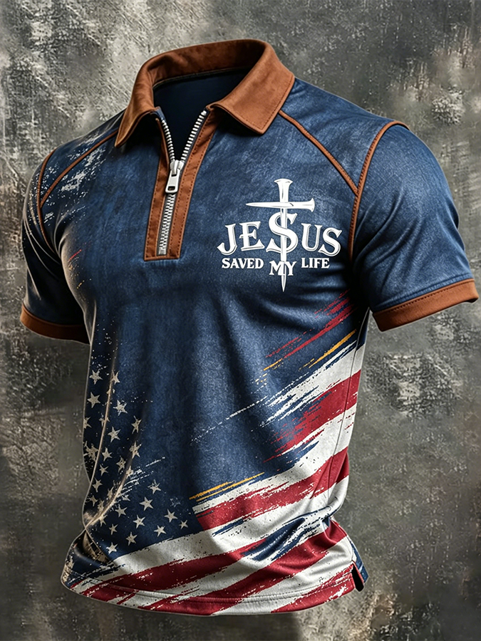 Men's Jesus Saved My Life USA Flag Christian Zip Polo Shirt