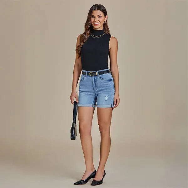 Women's Casual Distressed Denim Shorts – High-Waisted, Vintage-Wash, Cuffed Design
