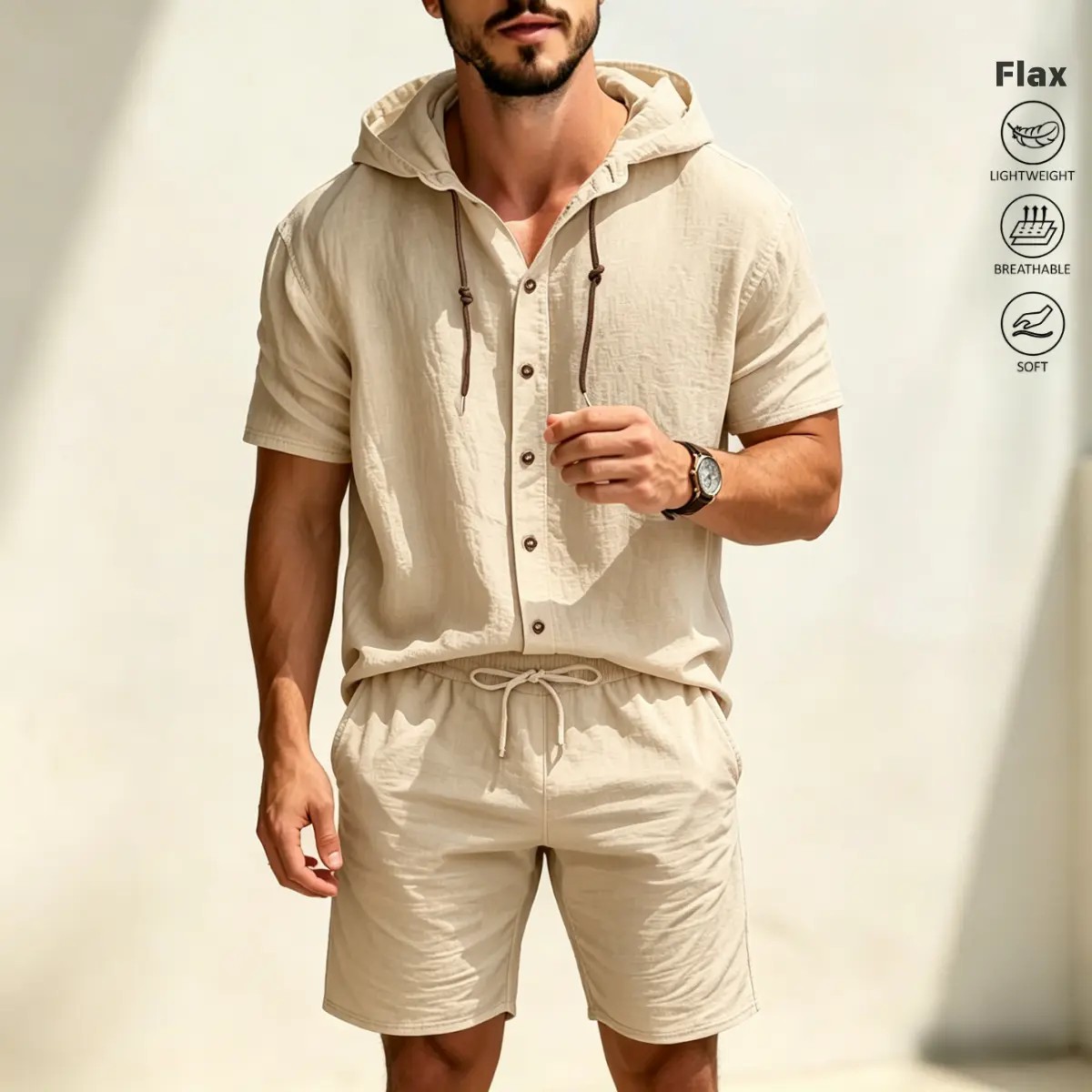 Men's Linen 2-Piece Summer Set – Hooded Henley Top & Matching Shorts, Casual Versatile Outfit