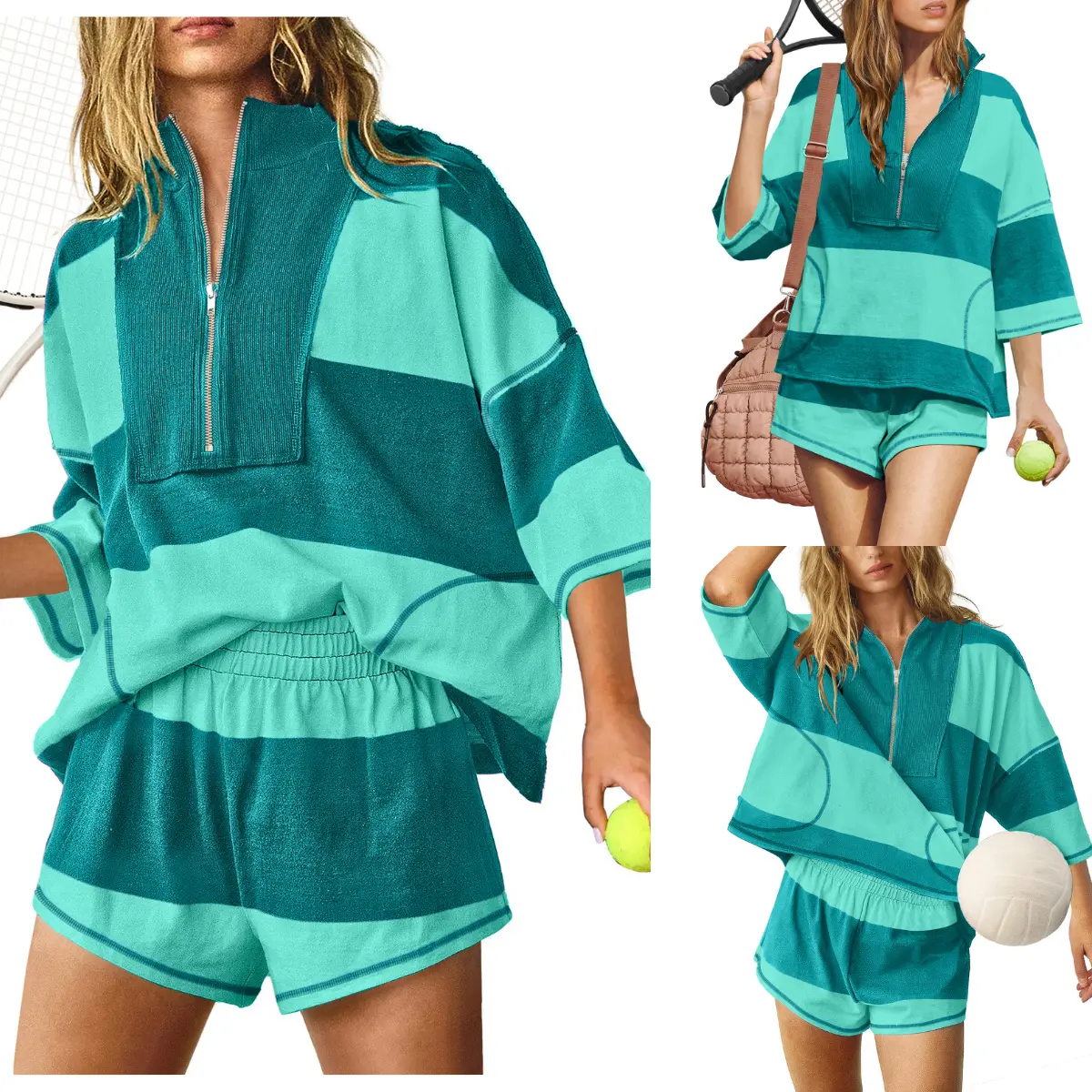 Women Striped Workout Set Two Piece Outfit Tracksuit Oversized Lounge Set Top and Shorts Sets with Pockets