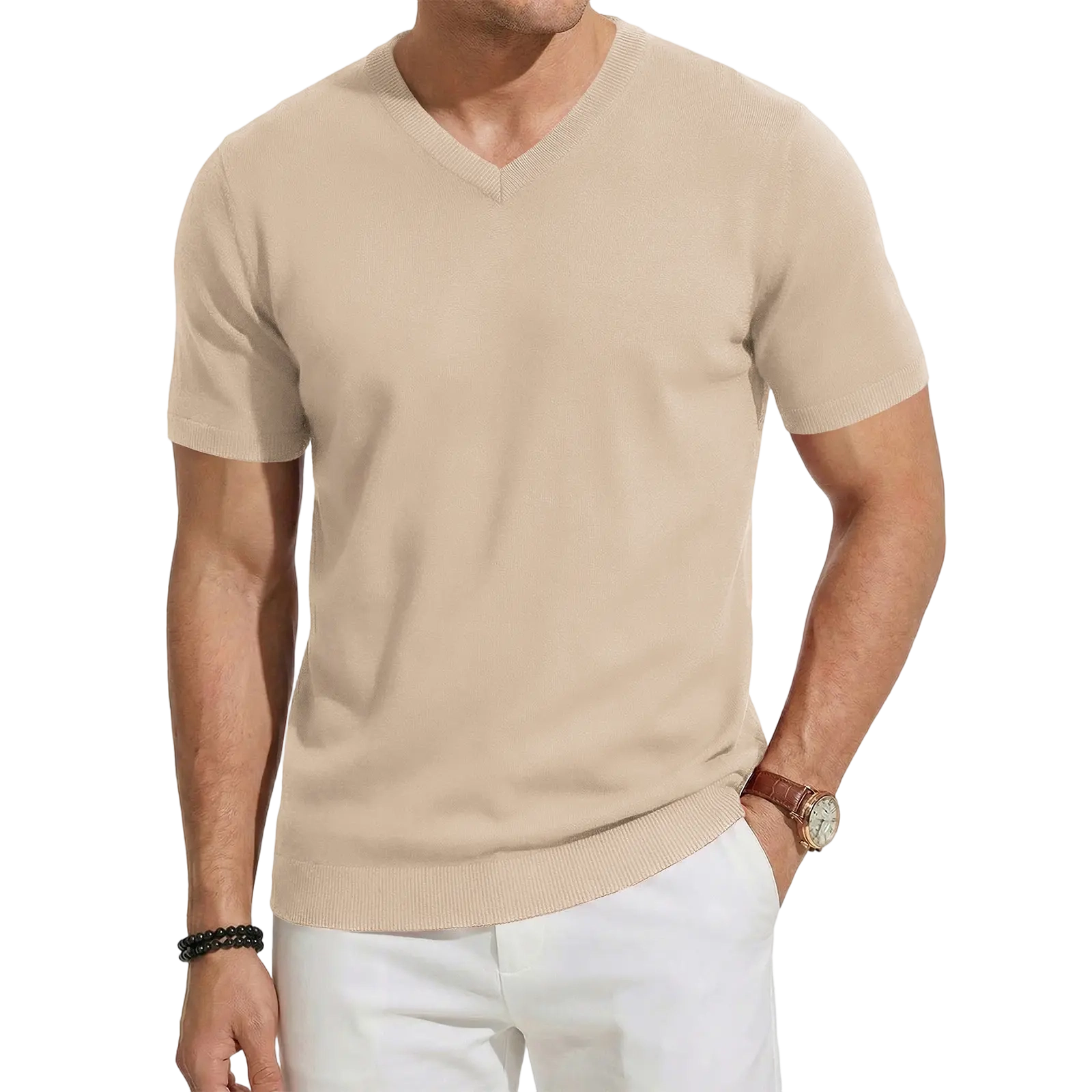 Men's Wool Blend Short Sleeve V-Neck Sweater Soft Textured Knit Pullover for Business Casual Wear