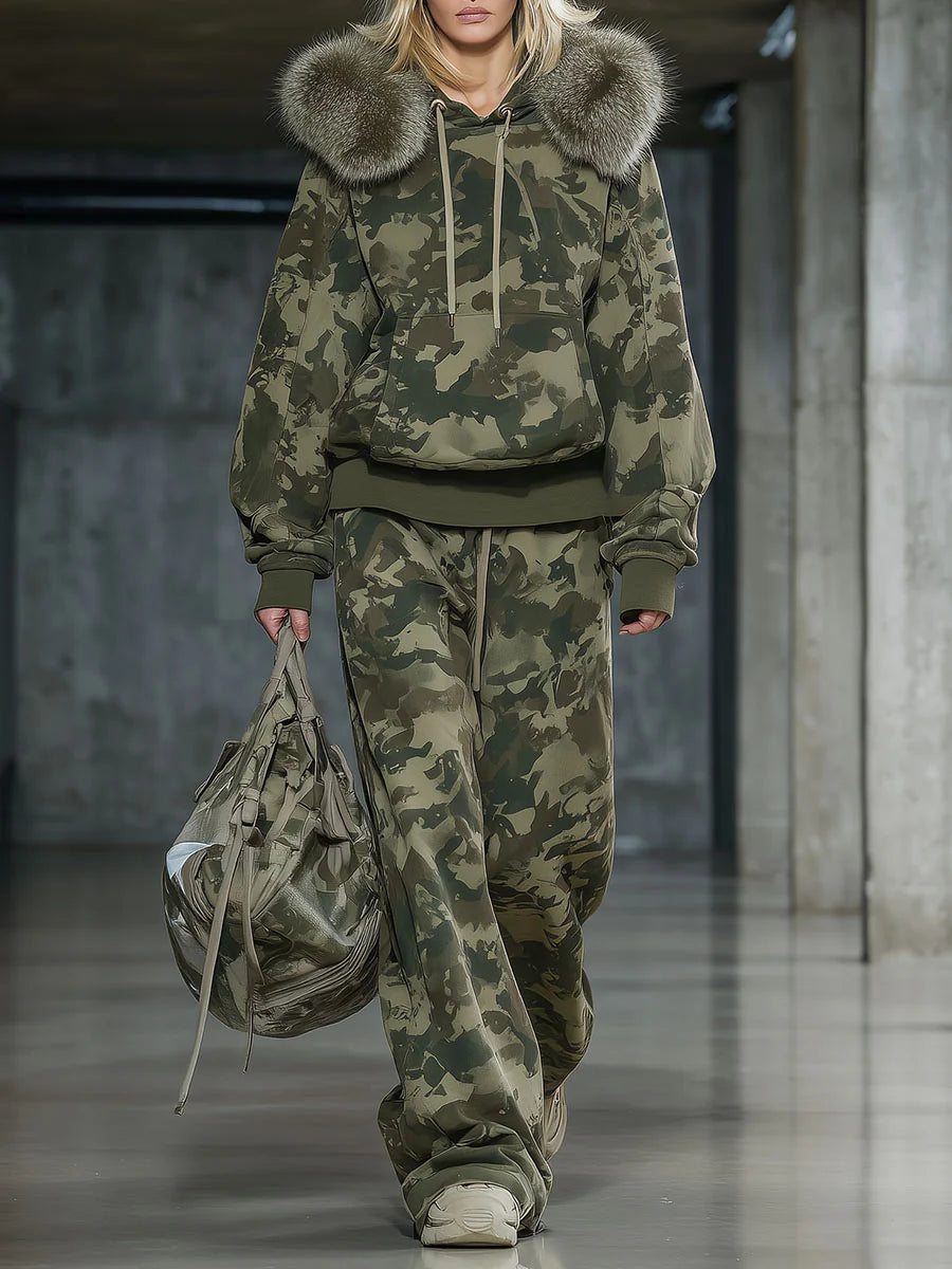 Casual And Fashionable Camouflage Print Faux Fur Collar Sweatshirt And Wide-leg Pants Suit