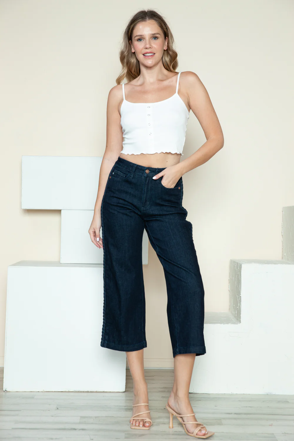 Blue Full Size Side Seam Braid Detail Crop Wide Leg Jeans