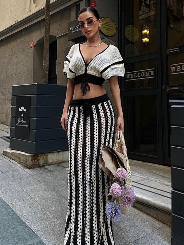 Deep V-Neck Hollow Knit Striped Floor Length Dress