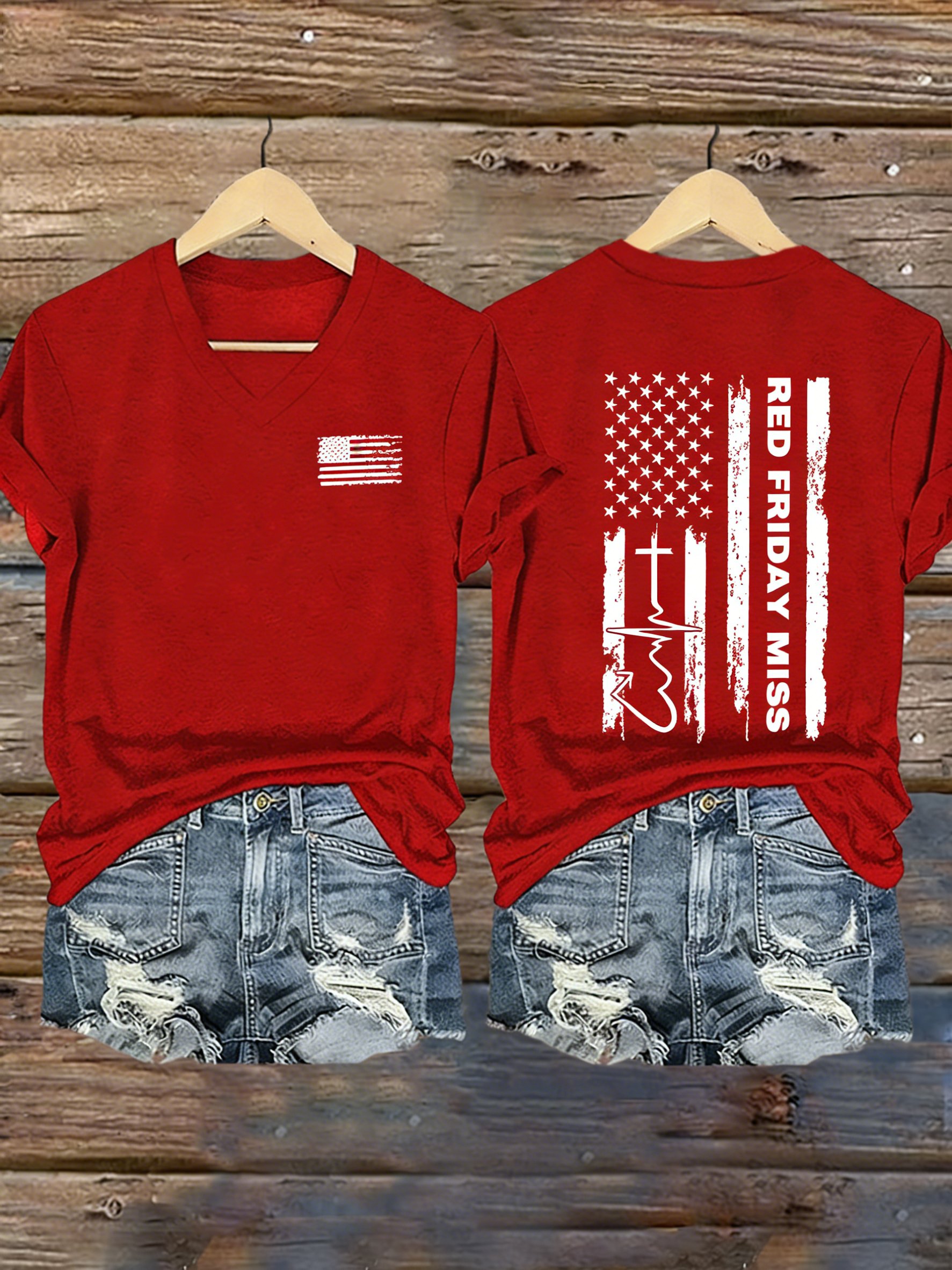 Women's Red Friday Casual Patriotic V-neck T-shirt