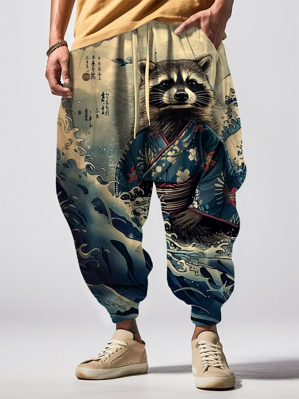 Men's Kimono Raccoon Waves Japanese Art Print Loose Drawstring Waist Sweatpants