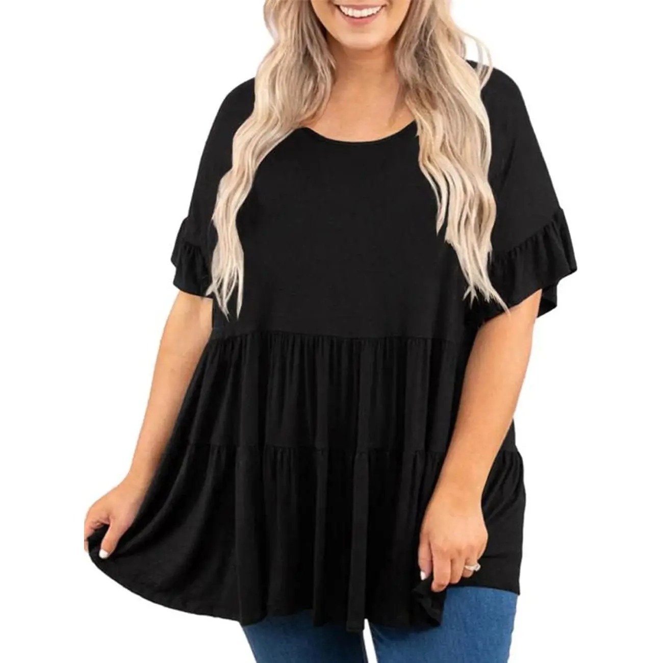 Women's Plus Size Ruffled Shirt Tops Summer Short Sleeve Loose Blouse Tunics