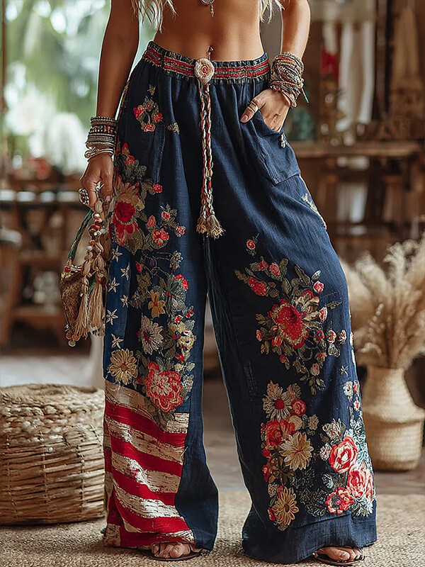 Women's Independence Day American Flag Flowers Boho Art Print Casual Pants