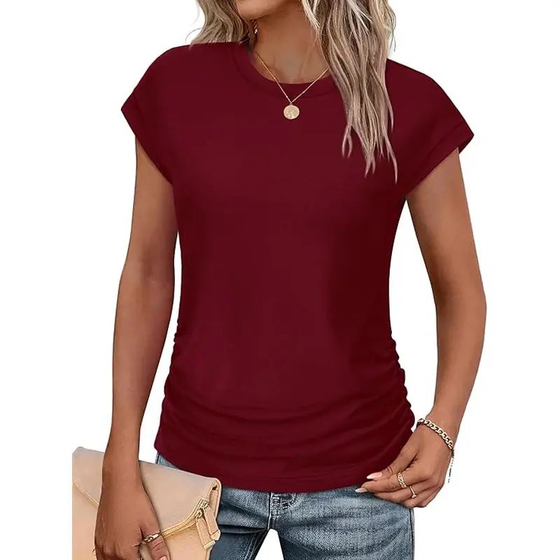 Womens Summer Tops Trendy 2026 Ruched Cap Short Sleeve Tshirts Shirts Crew Neck T Shirts Fashion