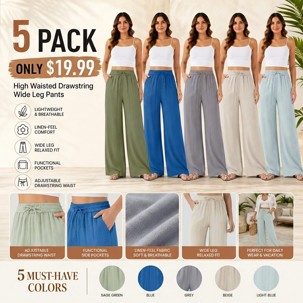 High Waisted Drawstring Wide Leg Casual Pants