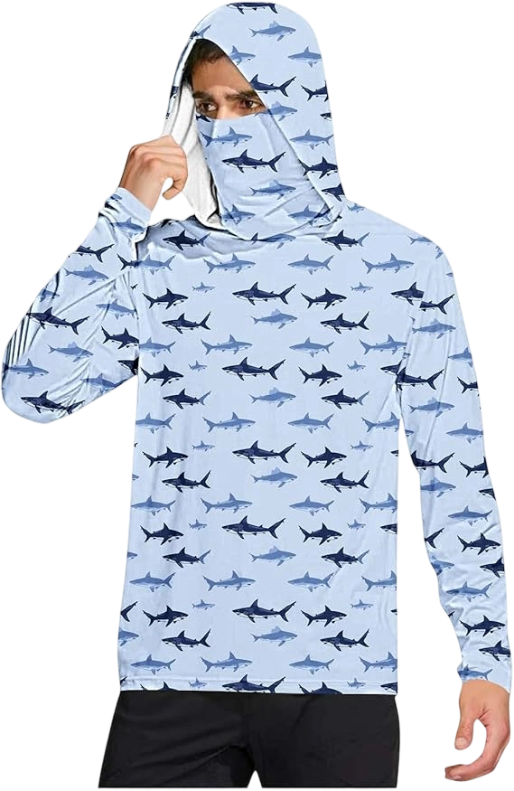 Long Sleeve Sun Shirt Men UPF 50+ Rash Guard Cooling Fishing Hoodies with Mask Casual Summer UV SPF Hiking Blouses