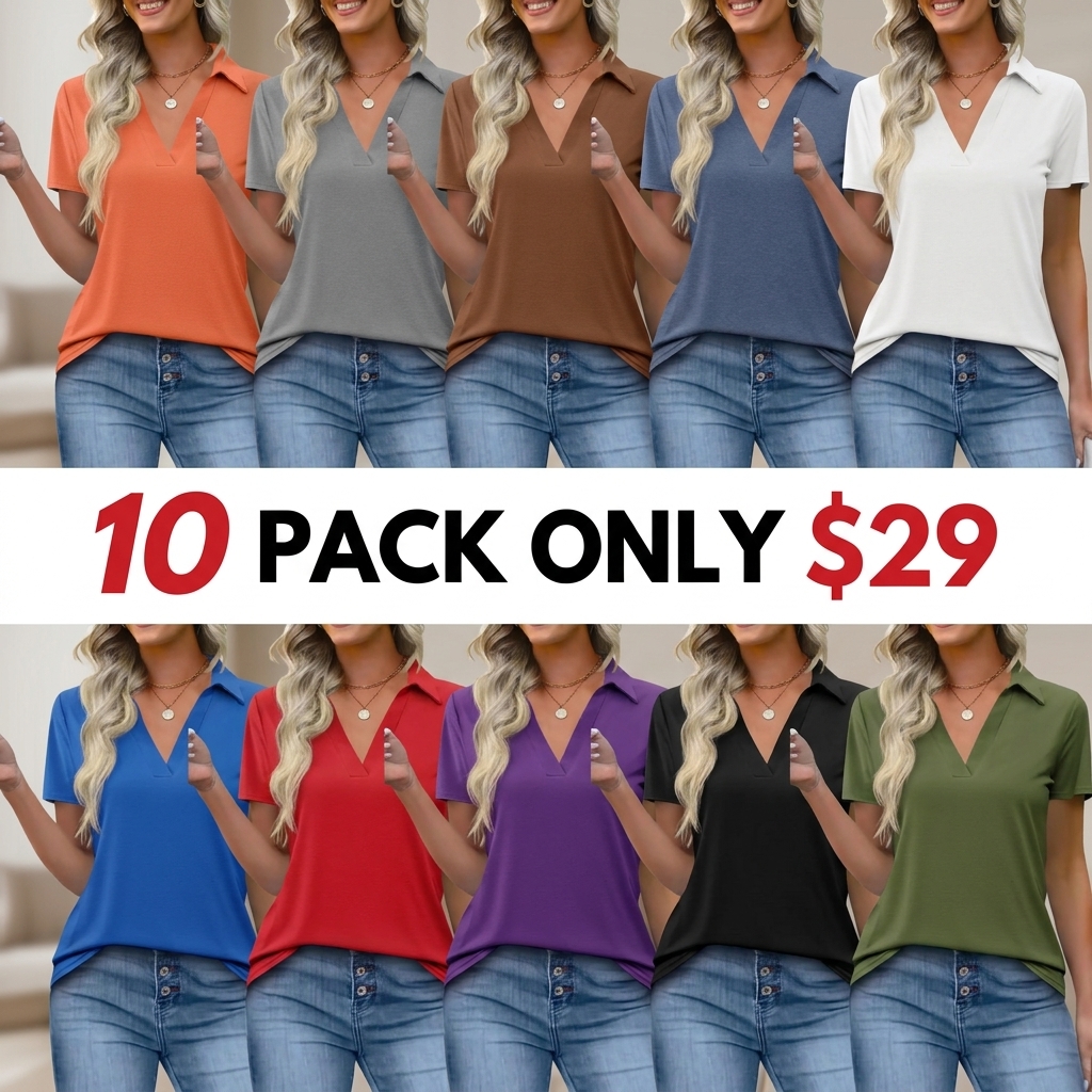 Women's Short-Sleeve Fitted Minimalist Lightweight Polyester V-Neck Collared Polo Shirts - Business