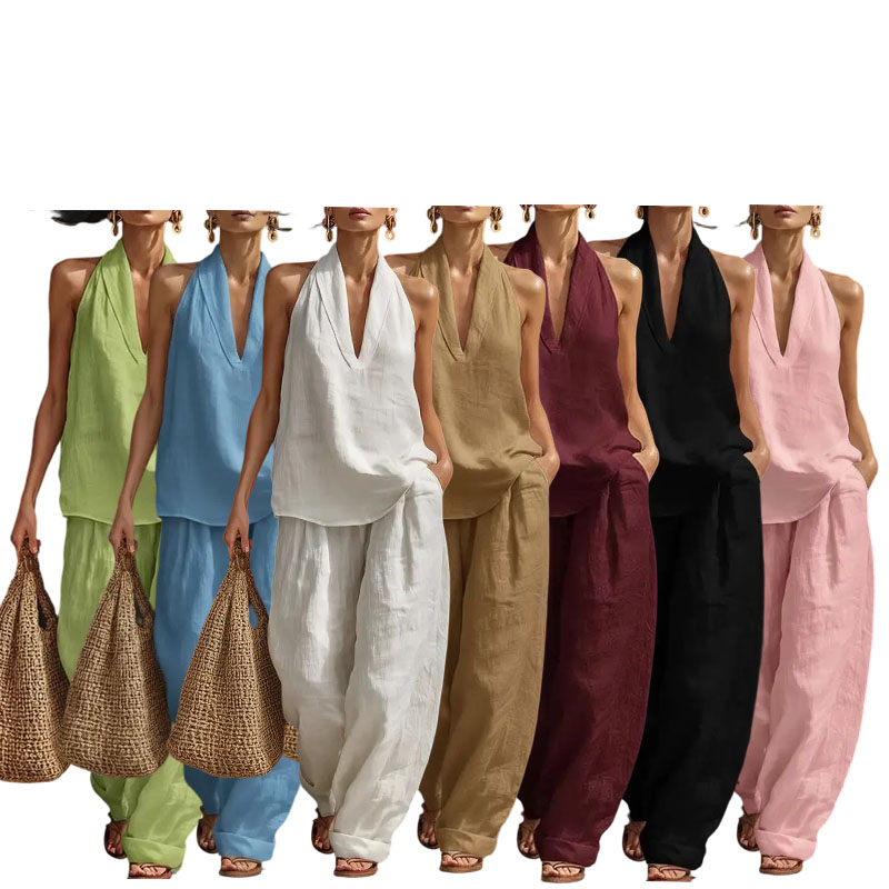 Boho Halter Neck Two Piece Set-Sleeveless Top Wide Leg Pants Set