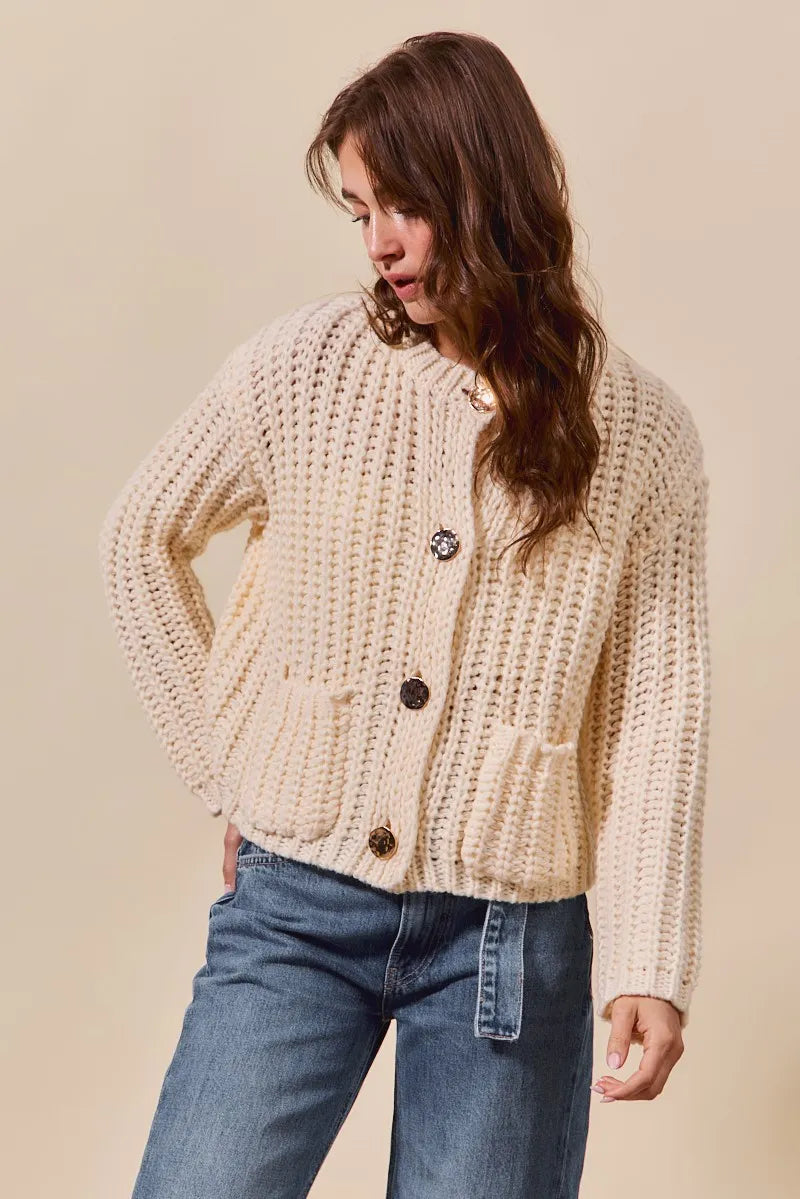 Metal Button Long Sleeve Chunky Sweater Cardigan